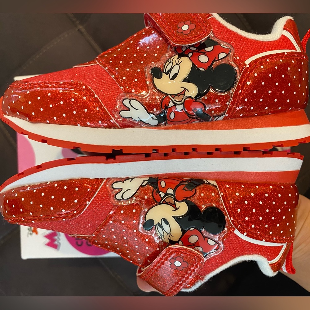Disney Minnie Mouse Toddler Girls Shoes Size 9 Red Glitter Velcro Lighted